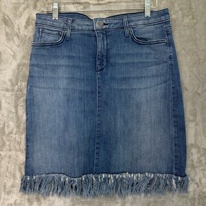 NYDJ Blue Denim Pencil‎ Skirt with Fringe Hem